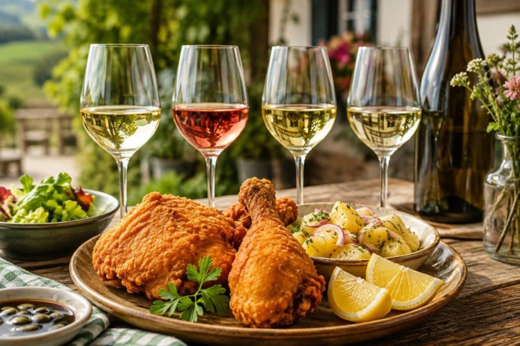 Wein zum Backhendl genießen ( KI, Symbolbild)
