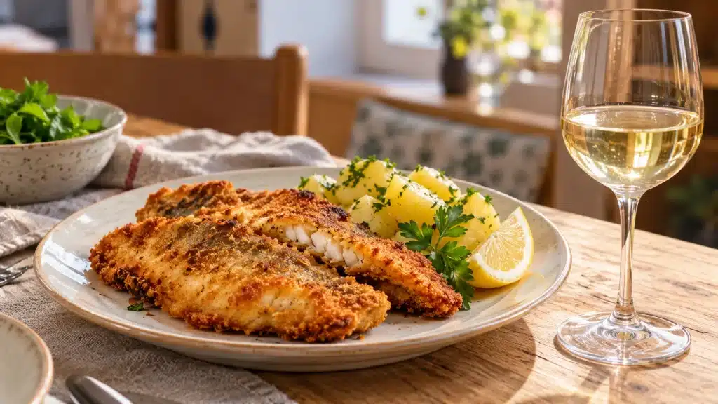 Goldbraun gebackene Fischfilets mit Petersilienerdäpfeln und Zitrone neben einem Glas Weißwein auf einem Holztisch.