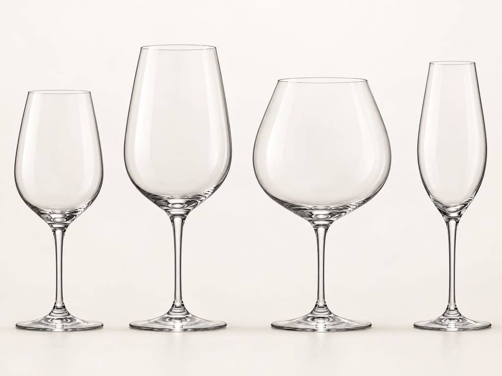 Universalglas, Bordeauxglas, Burgunderglas und Schaumweintulpe im direkten Vergleich